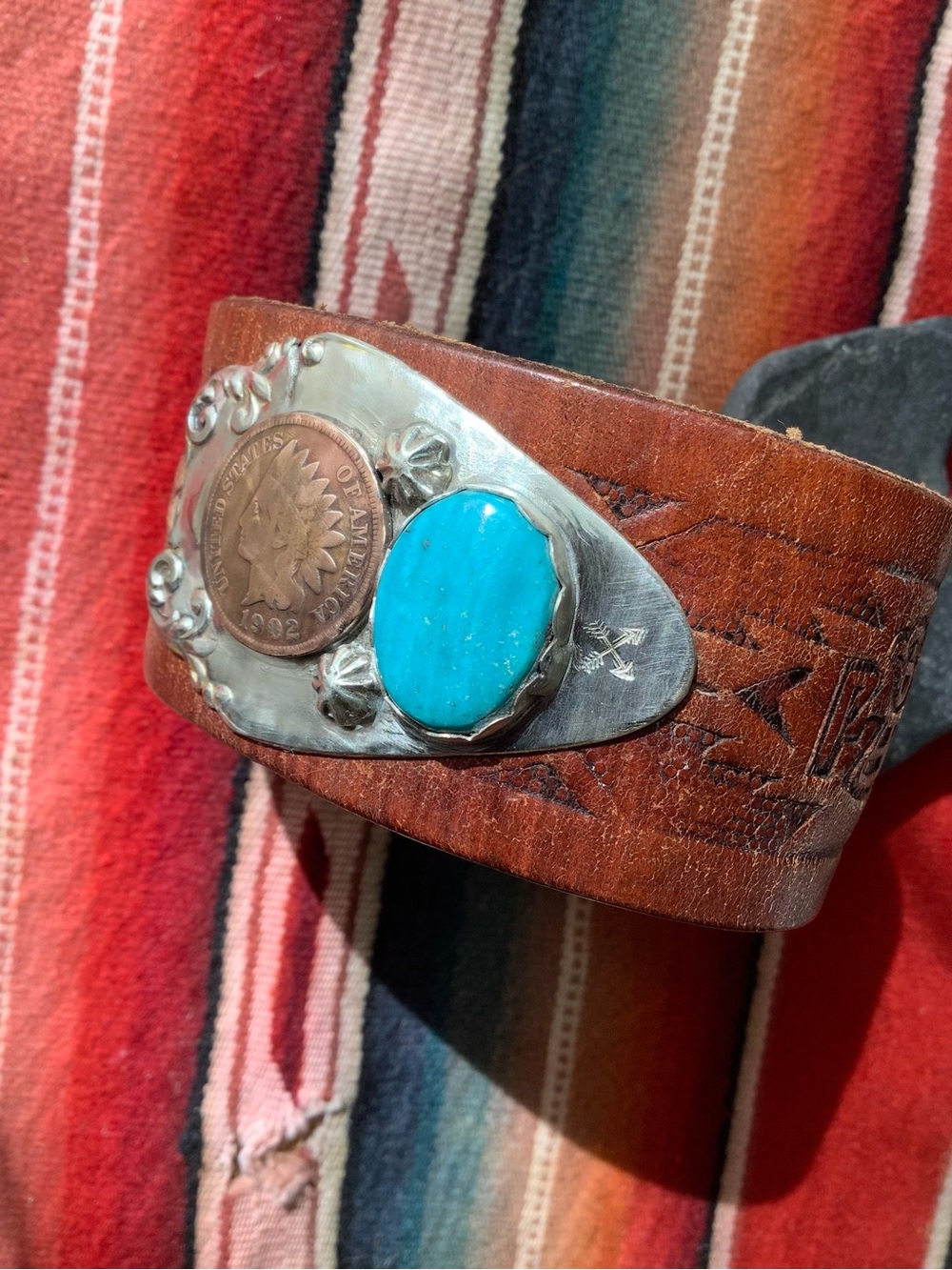 Turquoise & Coin Cuff, adjustable - Picture 5 of 10